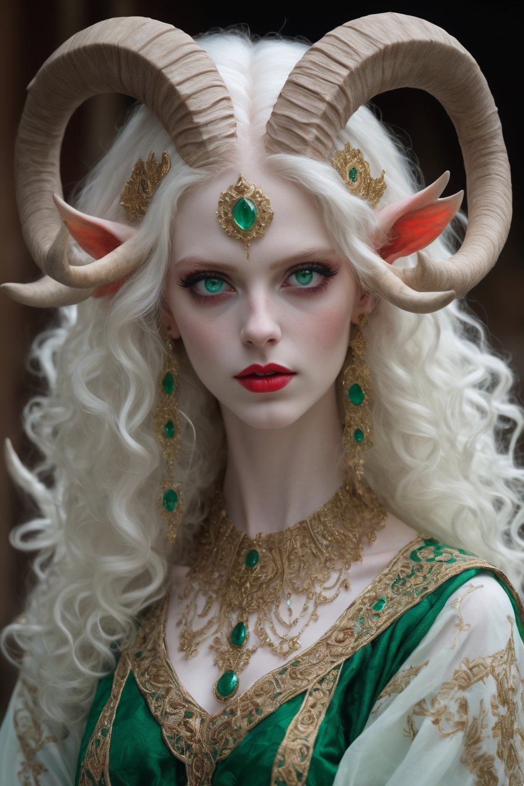 An albino Persian devil girl (long intricate horns: 1.2) in traditional Italian and Sardinian costume, endlessly beautiful emerald eyes, her ethereal presence accentuated by the transparency of her pale skin, her striking emerald eyes radiating an otherworldly glow,
Break
Wrapped in the vibrant colors and intricate designs of her artistically embroidered blouse, colorful skirt, apron, and Sardinian folk costume in red and white tones, she exudes an enchanting allure that transcends the realms of fantasy and reality,photo_b00ster