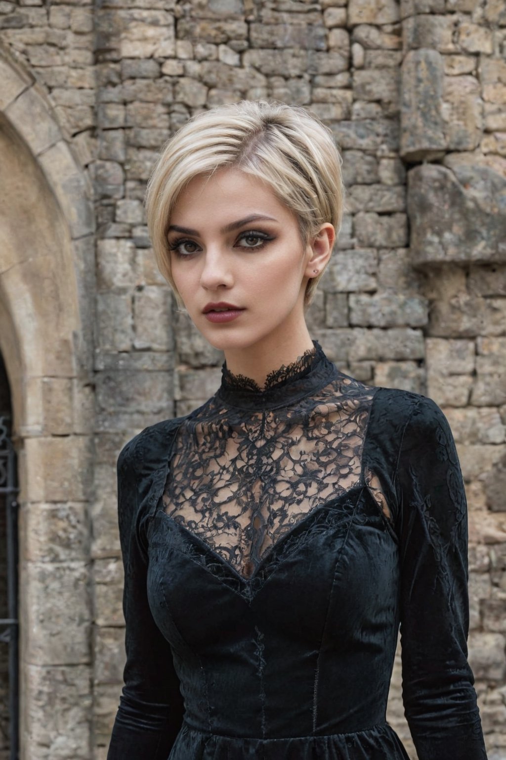 Generate hyper realistic image of a Persian  blonde vamp with a pixie cut, gothic makeup, and a dark velvet gown with lace details, playfully haunting a castle courtyard with ancient stone walls and wrought-iron gates.up close