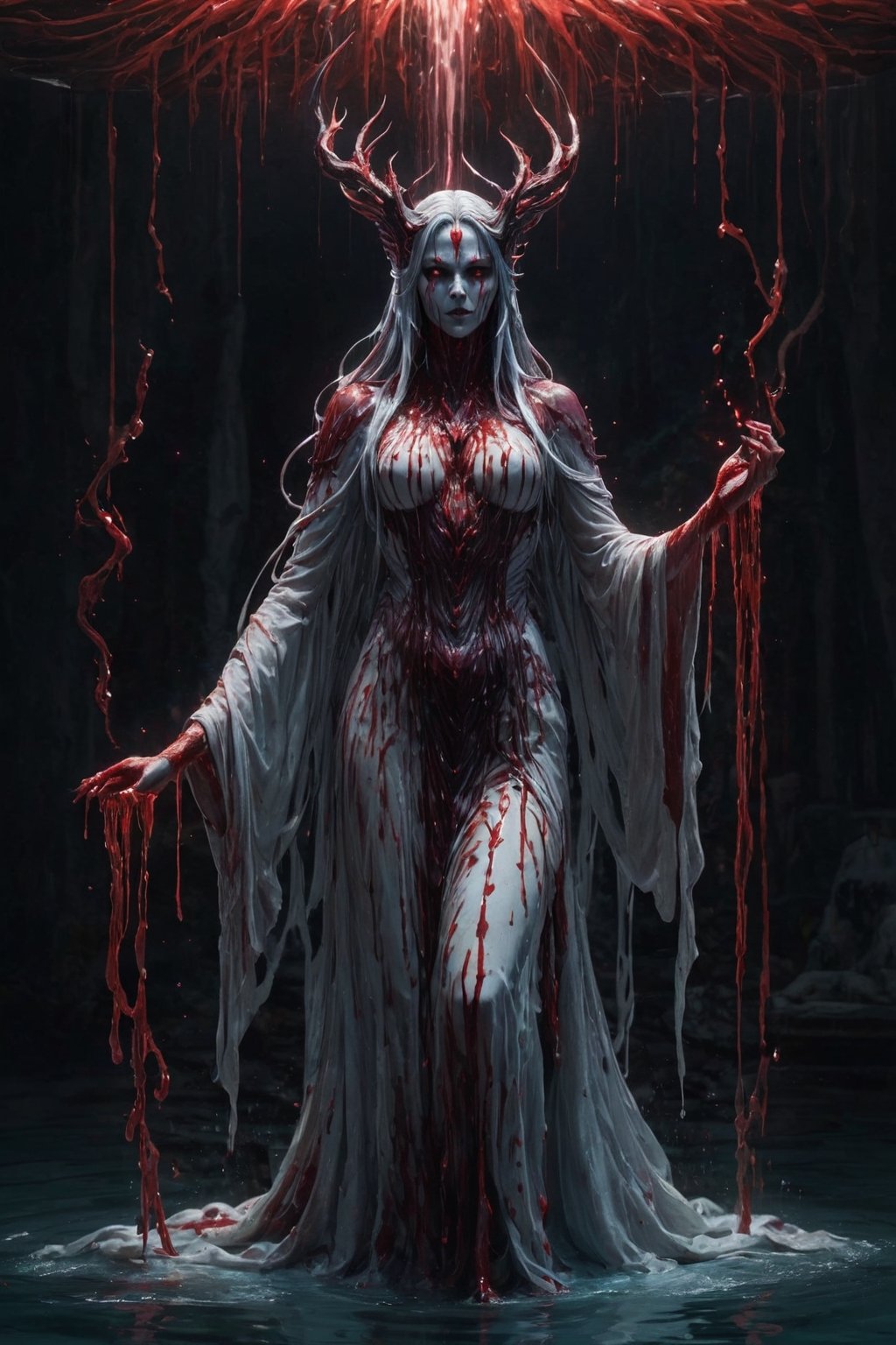 Generate hyper realistic image of a Persian vengeful spirit rising from a pool of blood, its ethereal form dripping with the essence of retribution. Illuminate the scene with a haunting red glow, capturing the malevolent energy as the revenant manifests to seek justice or inflict terror upon the living.
