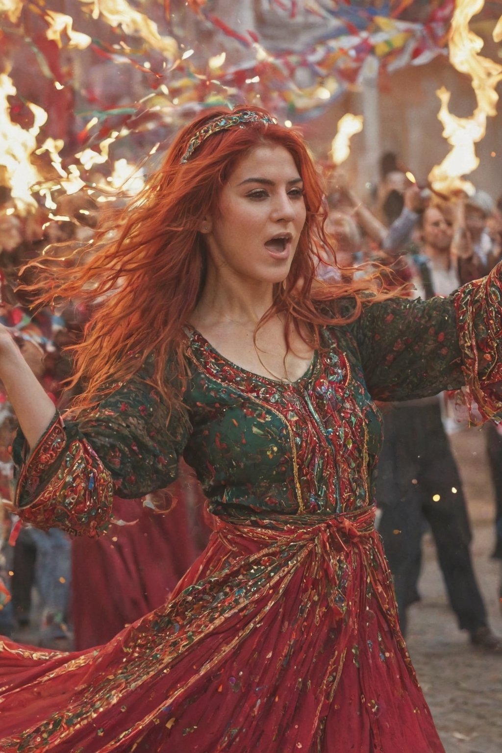 Generate hyper realistic image of a scene featuring a Persian woman in festive attire, her flame-red hair woven with ribbons. She dances amidst a lively celebration, the vibrant colors of her dress contrasting with the lively atmosphere of a traditional Nordic festival. upper body shot,Extremely Realistic