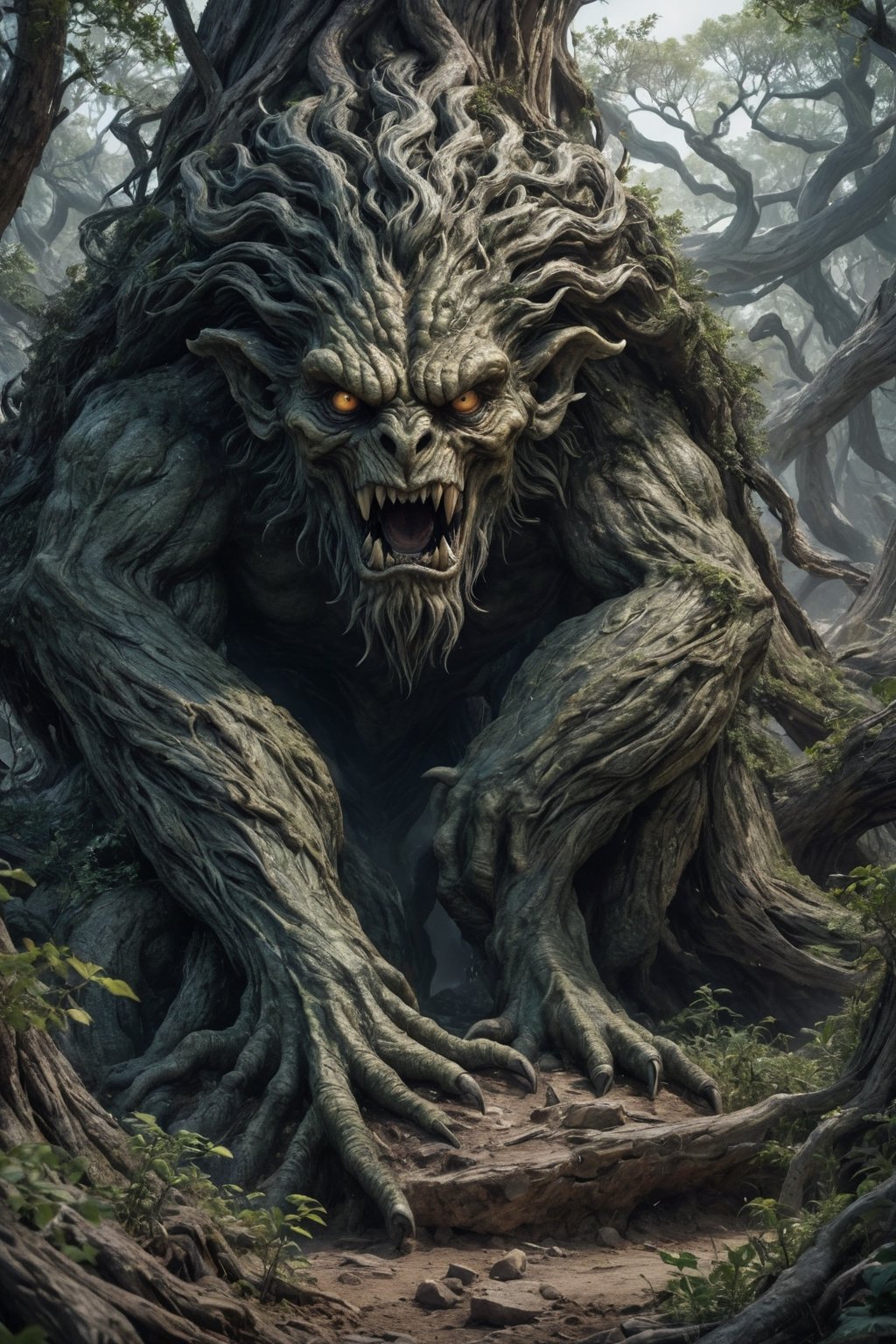 Generate hyper realistic image of a cursed gorgon metamorph Persian monster unveiling its monstrous visage in a petrified forest. Convey the eerie transformation as the creature reveals its petrifying gaze amid the twisted trees.