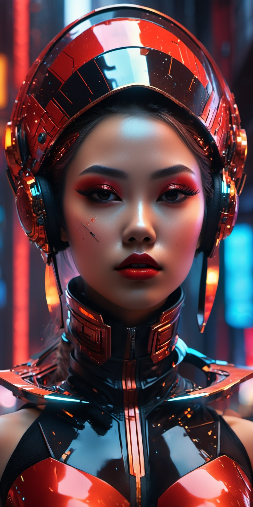 A intricate close up portrait of a beautiful, neonpunk dystopian SEXY girl , dramatic glitter makeup, Space HELM futuristic lenses art by wlop, Ismail Inceoglu, bagshaw and artgerm, high rossdraws, guweiz and wlop and ilya kuvshinov, makoto shinkai, dynamic, rim light, intricate, sharpened, highest resolution, 8k, octane render, unreal engine, colorful, red and black silk, black lashes background, urban cyberpunk asian city, beautiful scene
