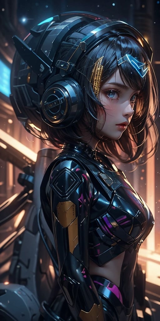 a girl, thunder yellow jacket, tight suit,Space helm of the 1960s,and the anime series G Force of the 1980s,Darf Punk wlop glossy skin, ultrarealistic sweet girl, space helm 60s, holographic, holographic texture, the style of wlop, space, 