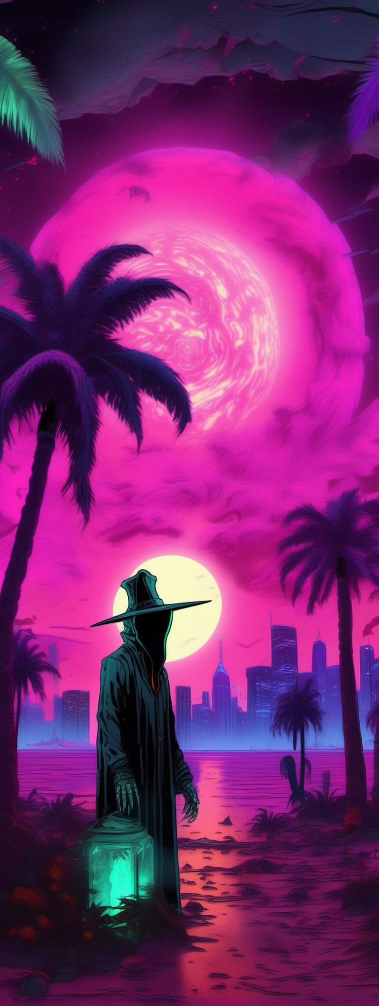 plague doctor candle jack-o-lanturn chimera, digital art, colorful spiral galaxy behind the clouds, halloween vaporwave spooky outrun creepy seapunk and horror synthwave, lush palm trees, clouds, giant moon in the background, intricate, insane level of detail, hyper-detailed, cinematic, inspiring composition, nostalgia and abstract, photorealistic, grand theft auto vice city gameplay screenshot, hotline miami gameplay screenshot, out run gameplay screenshot, need for speed underground gameplay screenshot, tokyo drift, hong kong, the capital of japan
