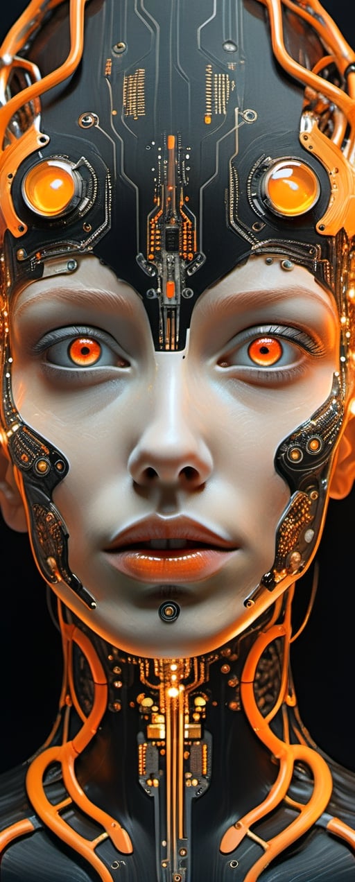 Art piece of a woman with Caucasian descent, her refined cybernetic face accentuated with bright orange eyes, against a deep black canvas featuring sparkling tech circuits. The metal-clad face melds impeccably with the digital components, expressing an atmosphere of high-tech and mysticism.