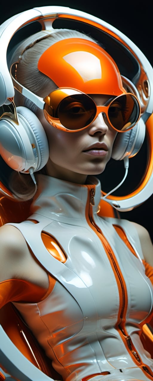 The image features a woman in futuristic attire, donning white headphones and mirrored orange visor-style sunglasses. She reclines in a state-of-the-art chair, surrounded by sleek, flowing lines and reflections of amber and chrome, suggesting an advanced, perhaps space-bound, setting