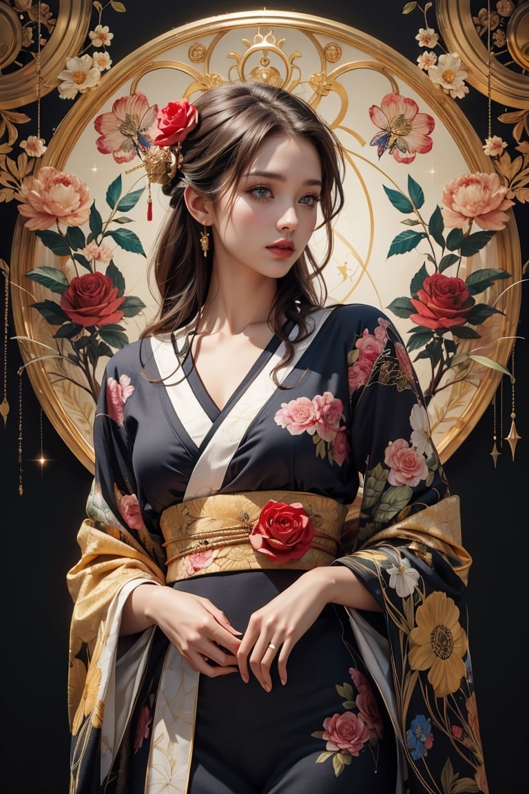 Masterpieces, Best Quality, Official Art, Aesthetics,

1girl, Asian girl, kimono, detailed background, isometric, art nouveau, flower, rose, fractal art, realhands, AI_Misaki, (zentangle, mandala, tangle, tangle), (psychedelic, flower, tapestry, Ethereal), holy light, gold leaf, gold leaf art, glitter painting, black,Butterfly Style