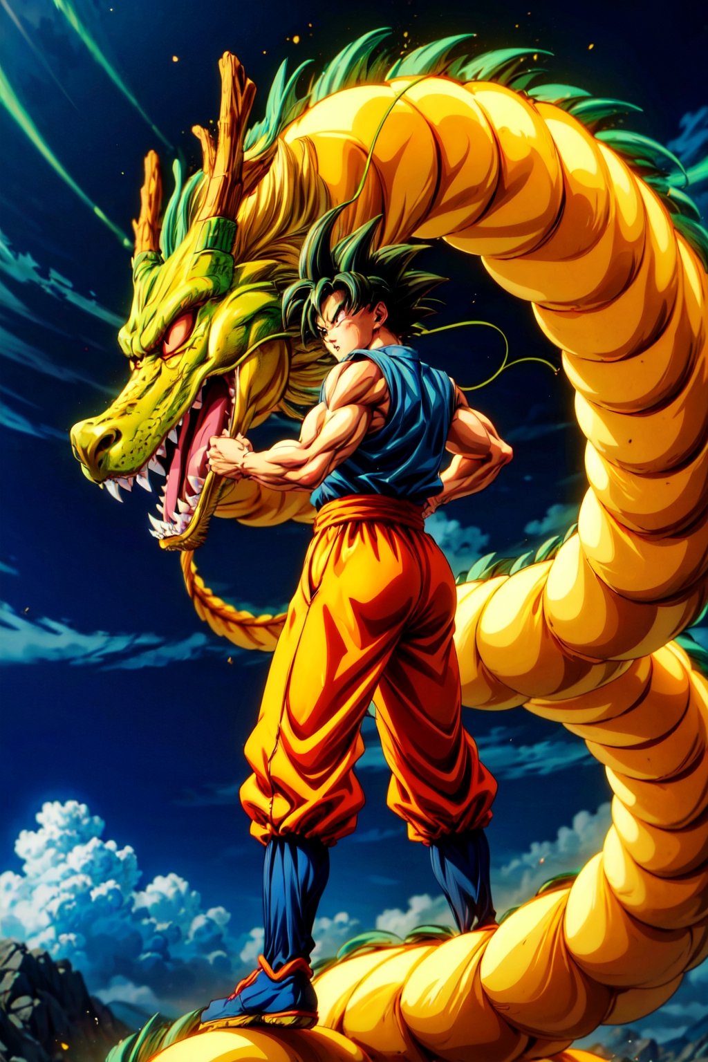 A powerful Goku stands atop a majestic shenlong, his aura radiating with boundless energy. The intricate scales of the dragon shimmer in the sunlight, while Goku's determined expression shows his readiness for battle.　
(Masterpiece, Best Quality, 8k:1.2), (Ultra-Detailed, Highres, Extremely Detailed, Absurdres, Incredibly Absurdres, Huge Filesize:1.1), (Anime Style:1.3), , Golden oriental dragon,shenlong