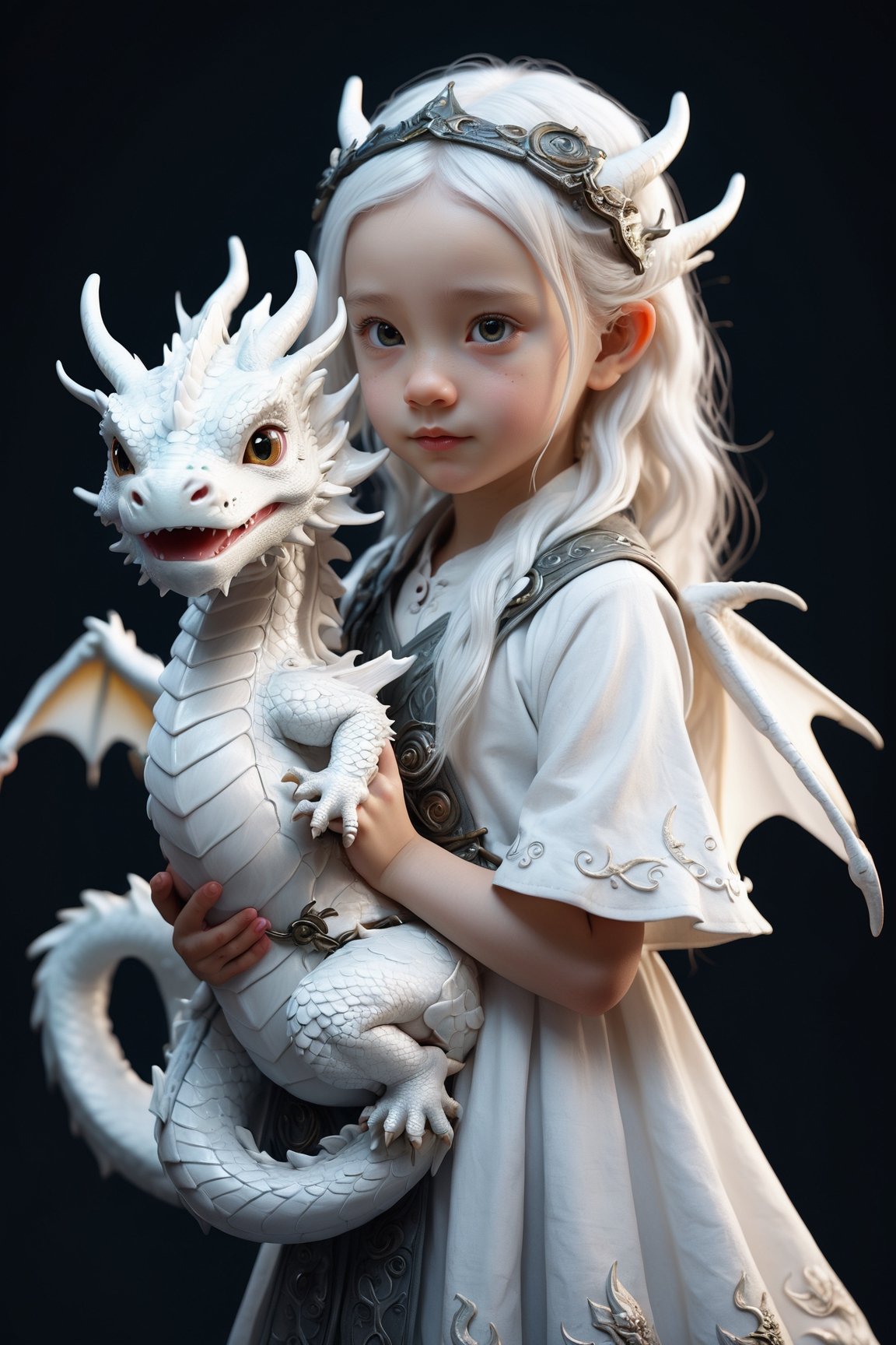 Full body portrait of a cute little white dragon girl, human-like appearance, dragon-themed features, soft and delicate, holding a small dragon toy, playful and whimsical attire, friendly and inviting expression, by FuturEvoLab, (masterpiece: 2), best quality, ultra highres, original, extremely detailed, perfect soft lighting, charming and endearing character