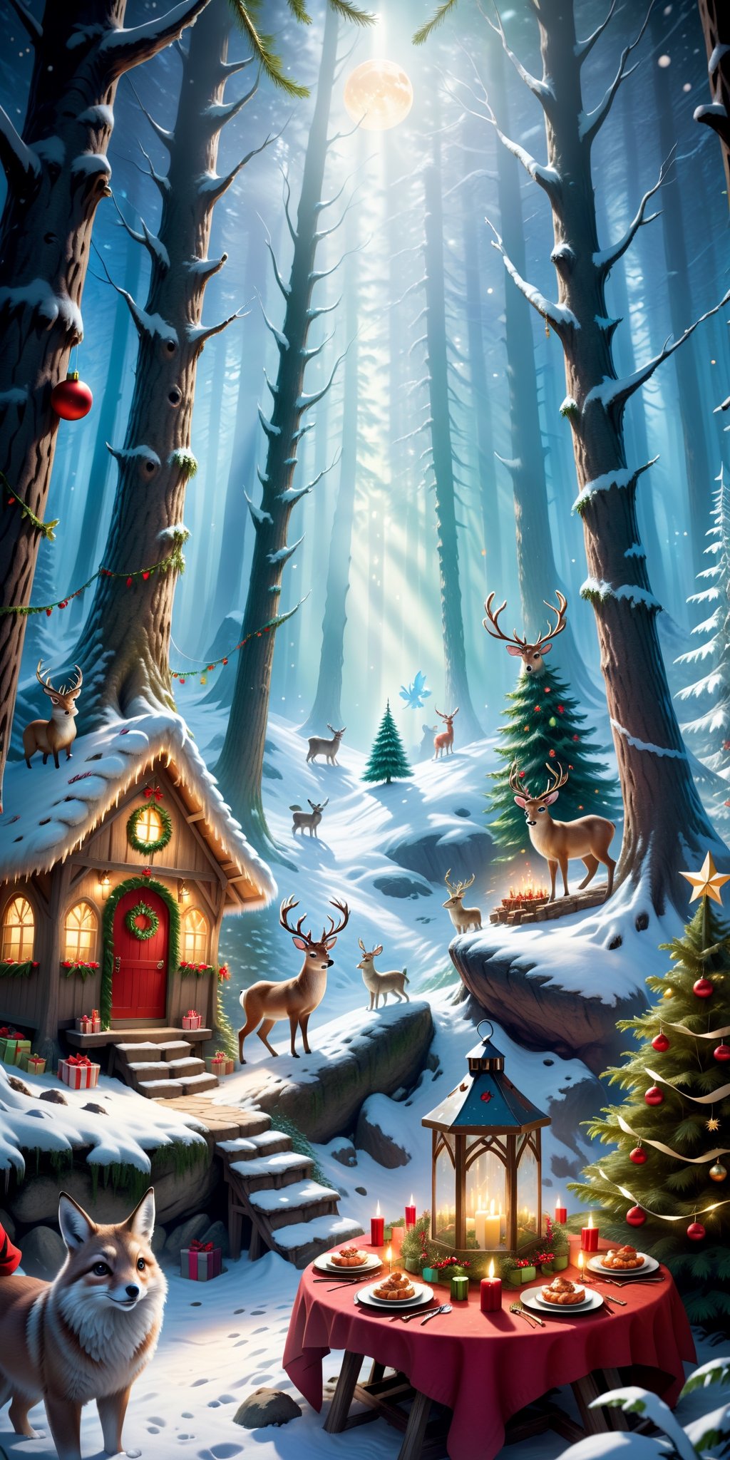 Craft an enchanting 16k Ultra HDR high-resolution image portraying an imaginary scene of a magical forest hosting a Christmas party. Picture beautiful creatures and animals celebrating amidst the enchanting surroundings. Infuse the image with a Christmas theme, creating a perfect and high-detailed fantasy-style masterpiece that captures the magical essence of the holiday season in this fantastical setting.