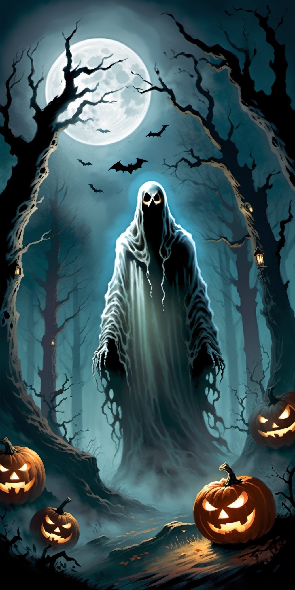 Envision a spine-chilling scene with a scary, sinister ghost in a dark ghostly forest under a full moon. Request a detailed depiction of the ghost against a dark background, capturing an atmosphere of dread and mystery. Emphasize the spectral features of the ghost and the haunting elements of the forest, creating a Halloween-style image that sends shivers down the spine