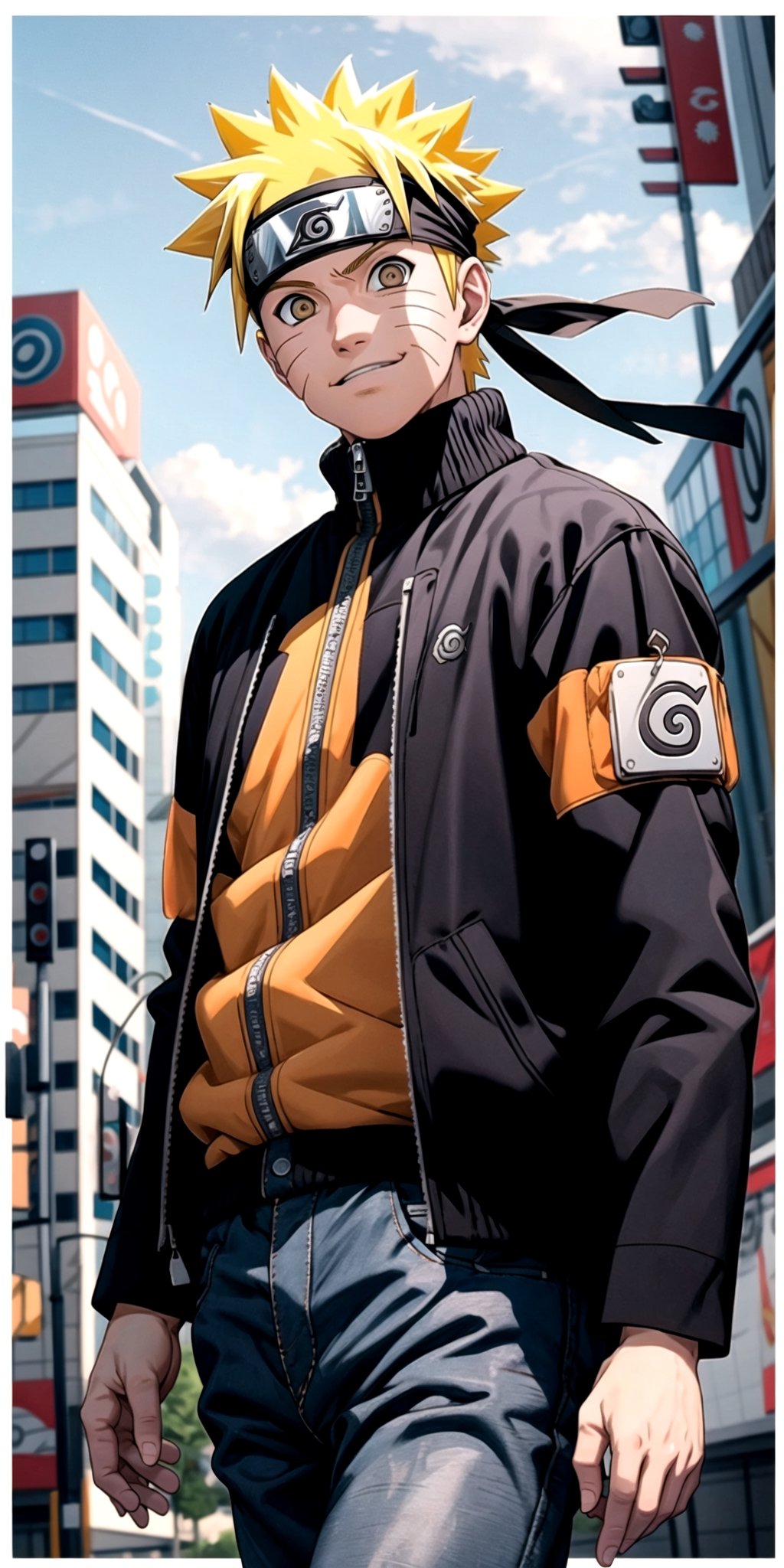 Create a super high detailed image of Naruto uzumaki with yellow spiky hair brown eyes, lite smile on his face lite muscular body wearing black jacket denim pant wearing ninja headband sunglasses, walking on city road, super realistic image of Naruto uzumaki, 32k Ultra HDR high quality image, masterpiece ,FFIXBG