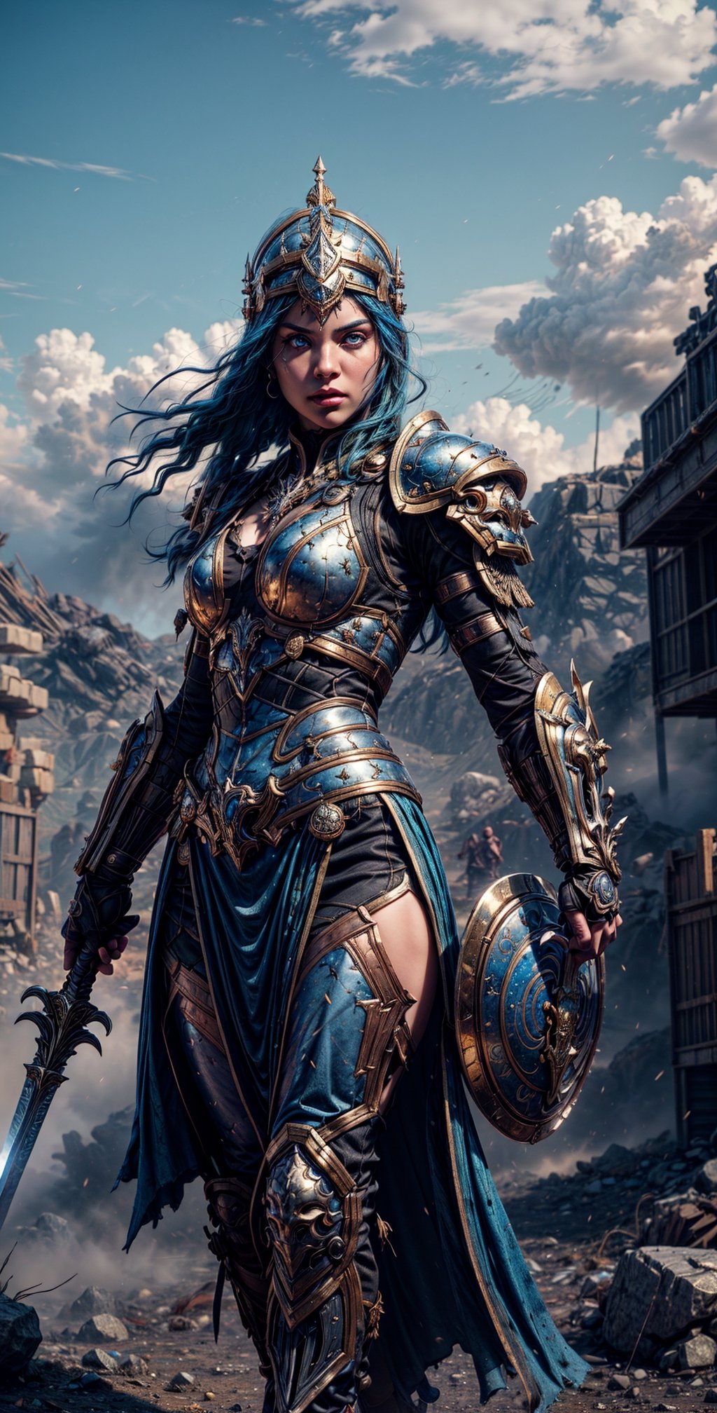  "Create a masterpiece with the best quality, stunning detail, and an extremely detailed 8K Unity wallpaper. It features Athena, the goddess of wisdom, holding a shield in her left hand, a sword in her right hand, adorned with a helmet and armor. She's in an attacking pose, standing on a dusty battlefield with a dark background. Please ensure her eyes are perfectly depicted as vivid blue in this epic scene." Photographic cinematic super super high detailed super realistic image, 4k ultra HDR super high quality image, masterpiece,