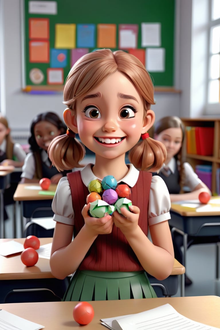 A young girl with a mischievous smile, holding bits of food and paper balls in her hand, standing in a classroom. Other students are visibly uncomfortable, with their heads down. 3d render.