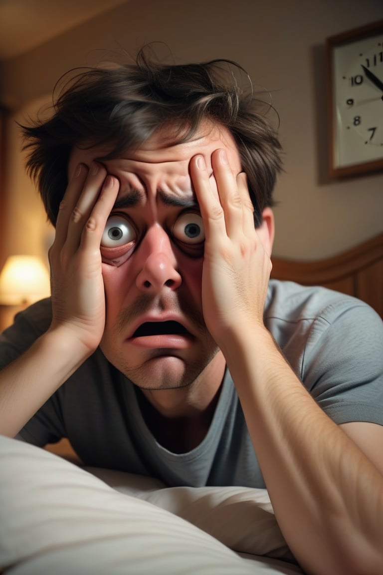 Show a person waking up in the morning with an exaggerated, exhausted expression, rubbing their eyes and looking drained. The background can be a dimly lit bedroom with an alarm clock showing an early hour.