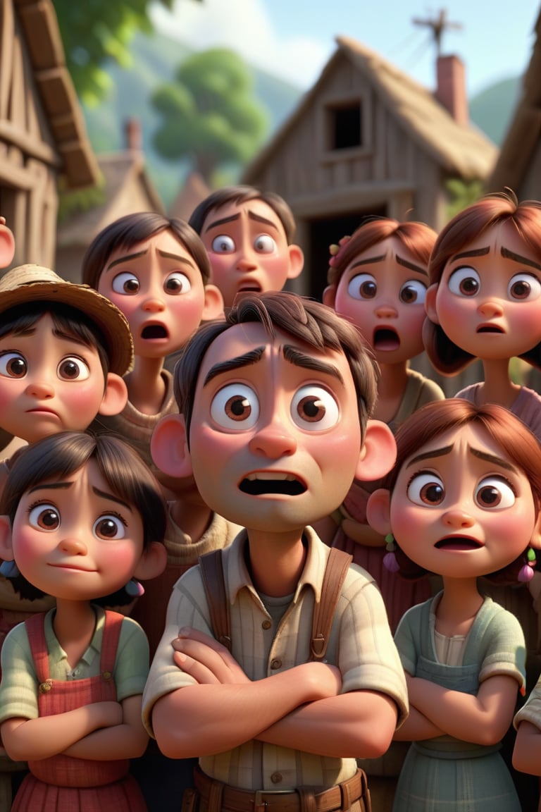 Few villagers gathers in there village with intence awww expression, 3d render, pixar style.
