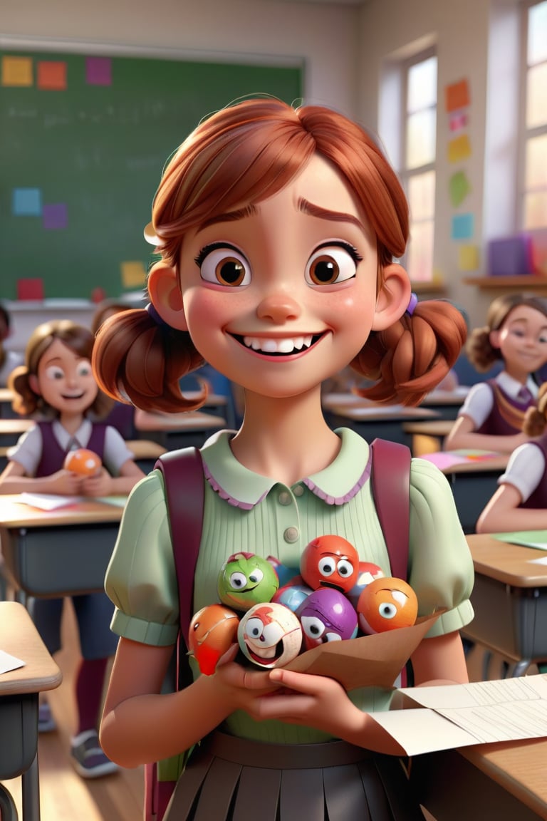 A young girl with a mischievous smile, holding bits of food and paper balls in her hand, standing in a classroom. Other students are visibly uncomfortable, with their heads down. 3d render, pixar style.