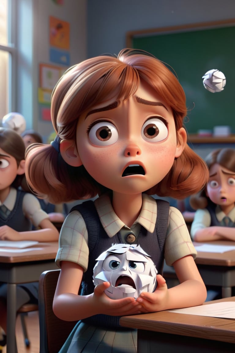 The little girl throwing a paper ball at a classmate who looks sad and scared. The classroom has a somber atmosphere with students quietly avoiding her gaze, 3d rener, pixar style
