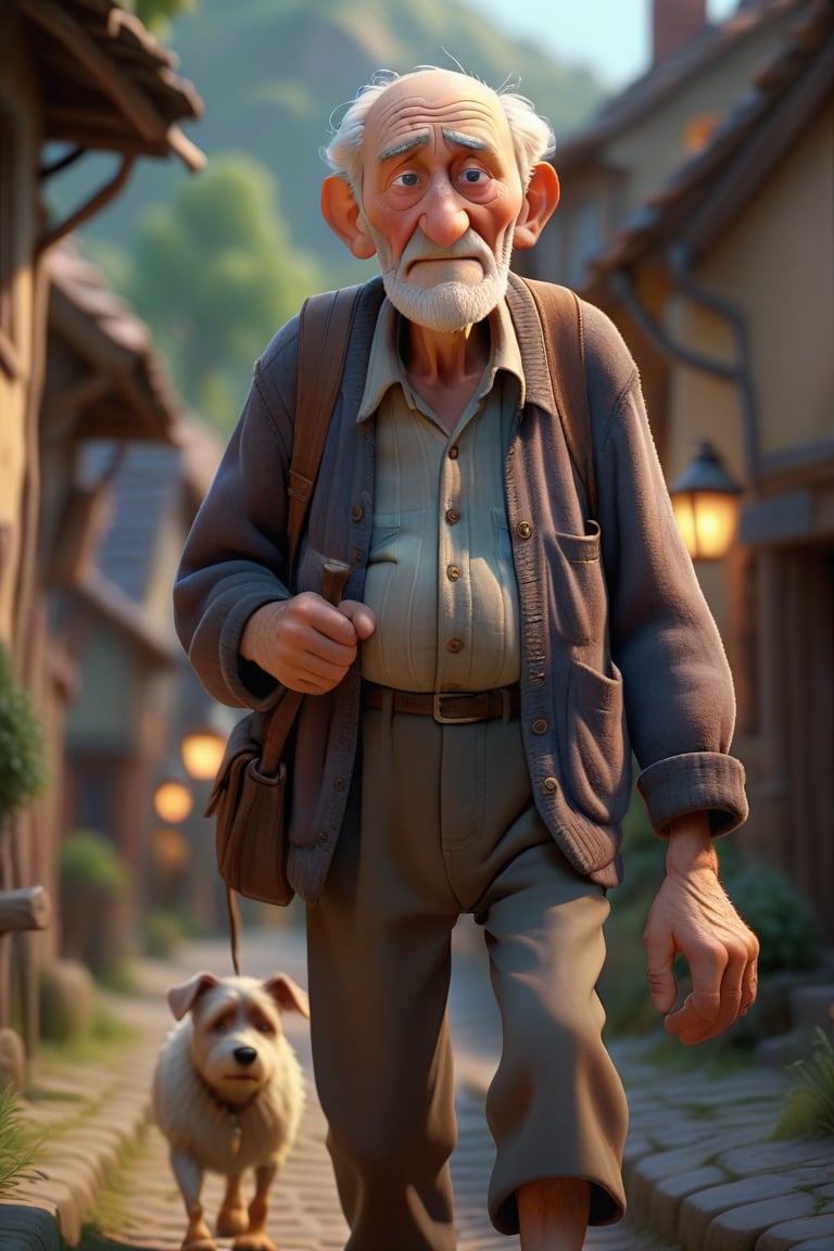 An old man walking in the village ,3d render, pixar style.subtle colors, fantastical realm, extremely detailed, ultra sharp focus, attention to detail, stunning visual masterpiece, highest quality, 32k, octane render, good lightning, sharp and precise details.