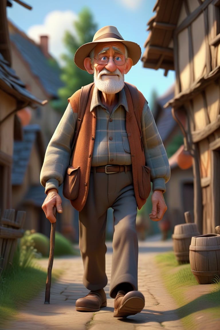 An old man walking in the village ,3d render, pixar style.