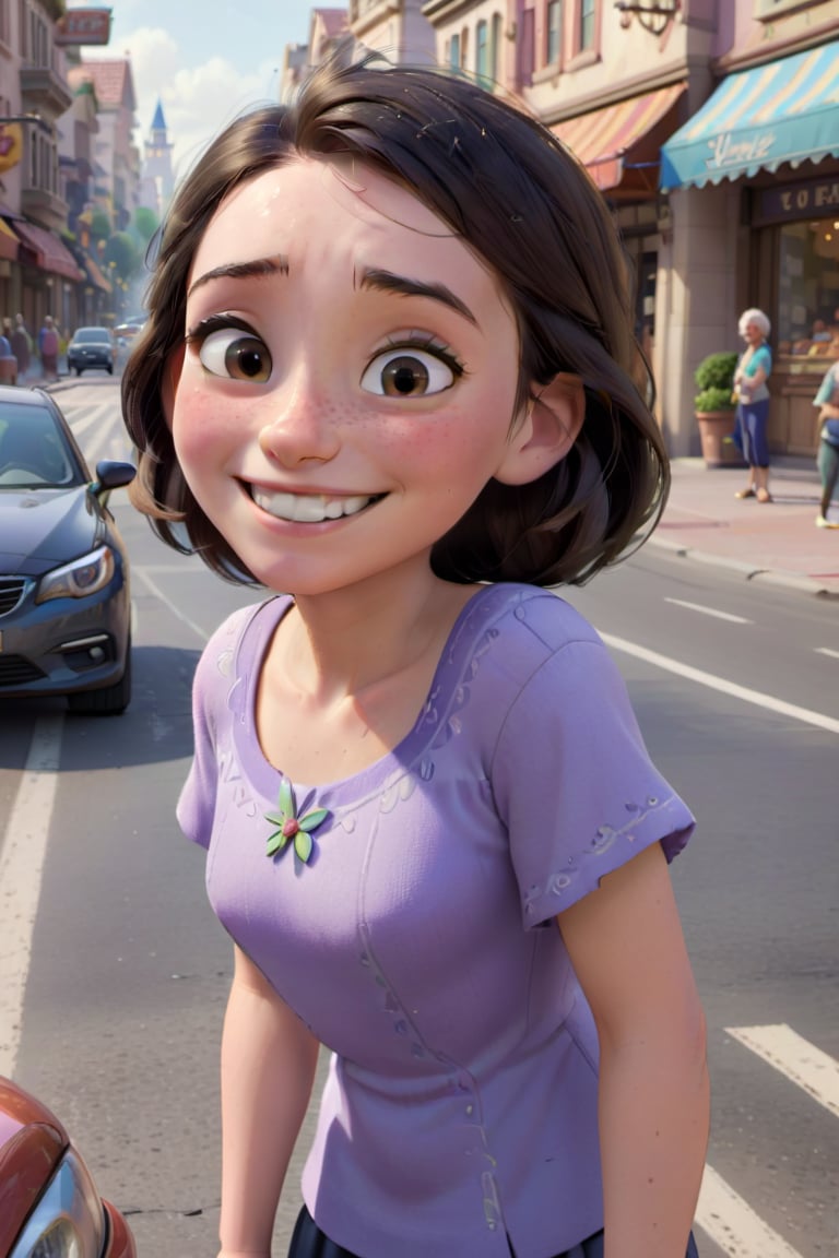 The young person has a friendly smile, while the elderly woman looks grateful. The background shows a busy street with cars and pedestrians.,disney pixar style