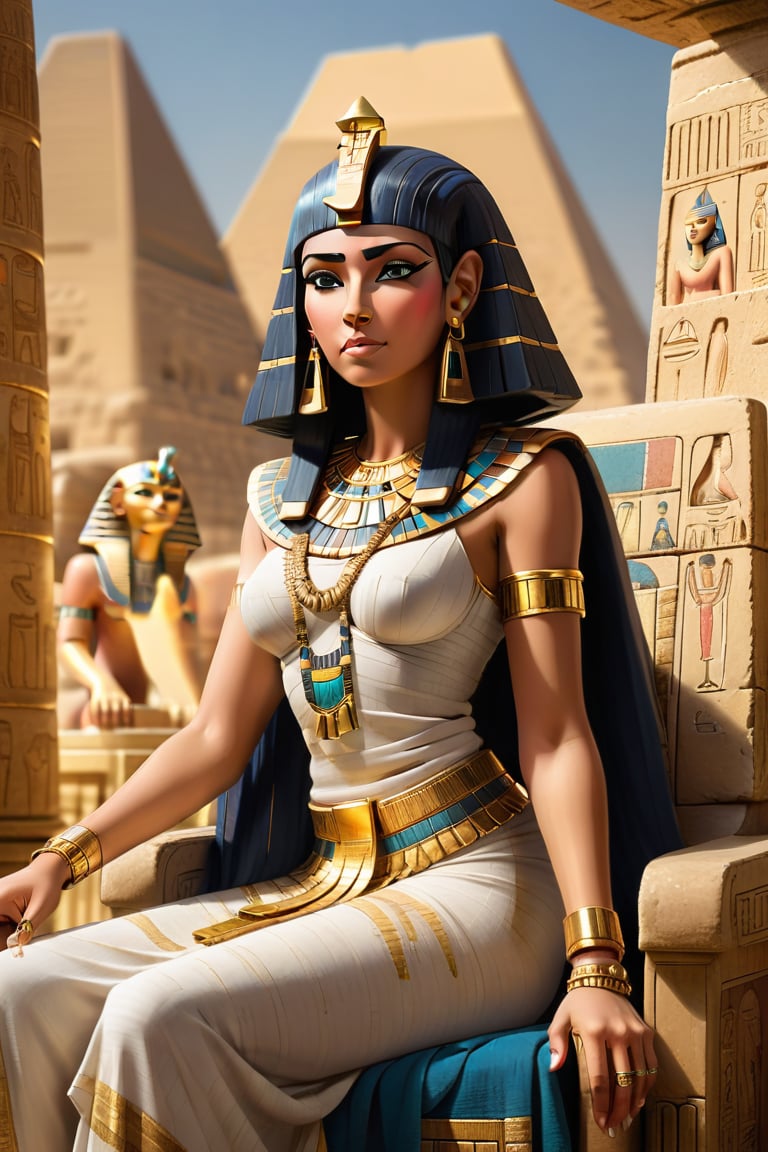 Cleopatra seated on a grand throne, adorned with golden jewelry and a royal headdress. Ancient Egyptian architecture and pyramids are visible in the background.