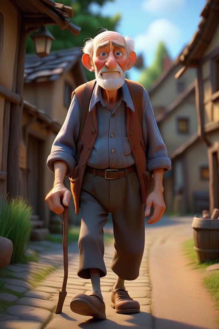 An old man walking in the village ,3d render, pixar style.