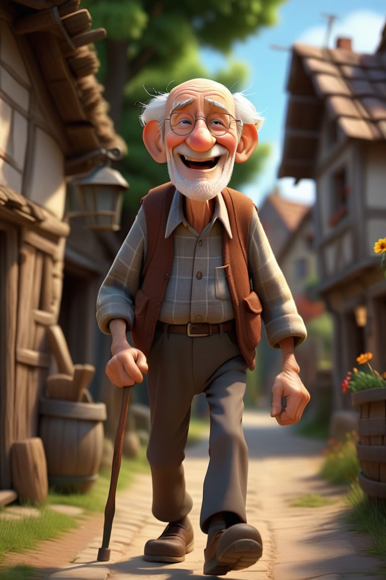 An happy old man walking in the village ,3d render, pixar style. 