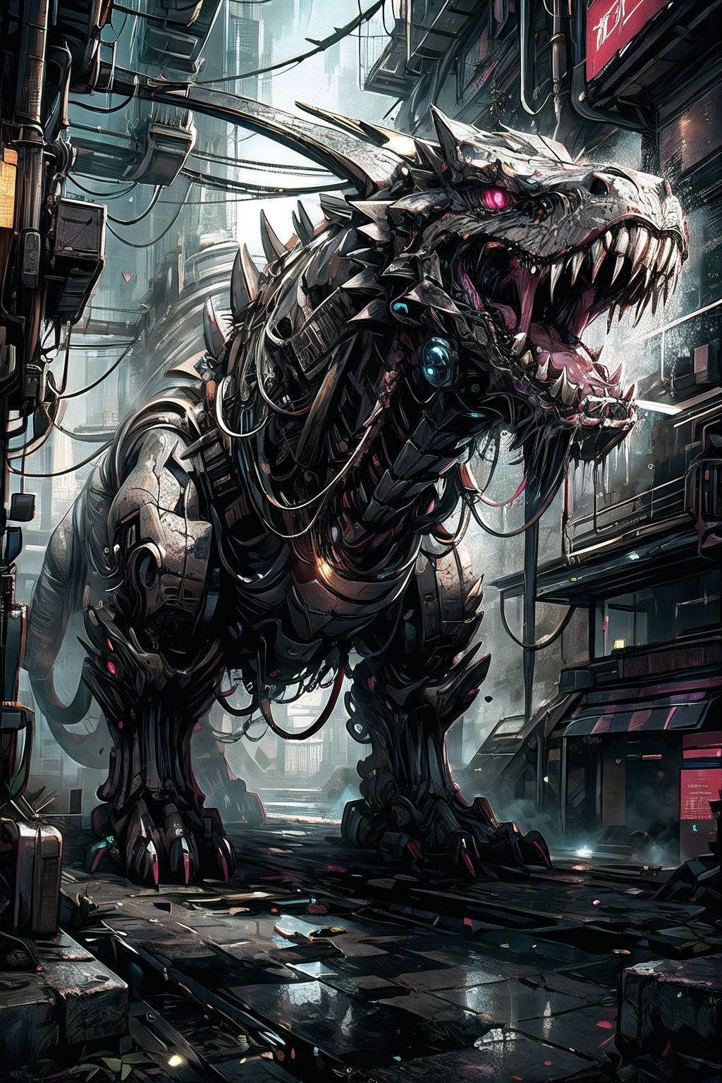 Realistic, futuristic, 8K, high_resolution, cinematic, (detailed:1.5),city , cyberpunk background, future, external light, roar, metal claw,mechanical buddy universe,destruction, In the dystopian realm of the future, Jurassic Park stands as a haunting testament to humanity's unchecked technological hubris. Within its foreboding borders, the primal roar of the T-Rex now resonates with a mechanical undertone, a chilling symphony of nature and machine intertwined. This once mighty predator, the apex of prehistoric terror, has been transformed into a cybernetic monstrosity, its massive form adorned with gleaming biomechanical enhancements. As its scaled hide peels away, a labyrinth of circuitry is unveiled, a heart of vengeful machinery forged from resentment and animosity. In the glare of its crimson eyes, the T-Rex's gaze burns with a cold, calculated fury, a testament to the triumph of dark ambitions over the sanctity of nature.

