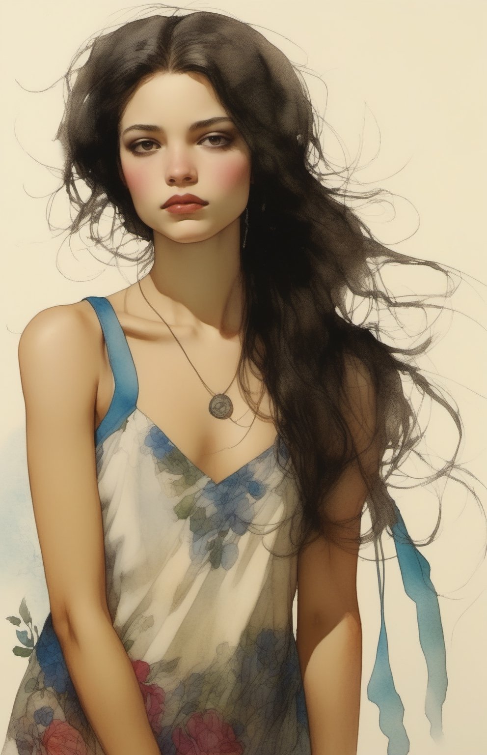 watercolor, girl portrait, long black wavy hair , pale skin, pale lips, floral_print dress, art by Gabriel Pacheco, Douglas Smith , Bill Sienkiewicz, and Jean Giraud Moebius, natural color, sharp focus