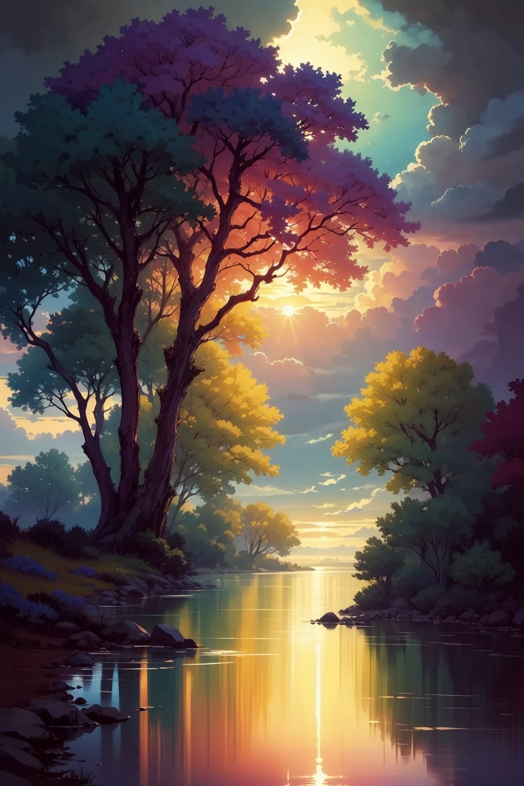 A serene outdoor setting as the sun sets behind a majestic tree, its branches stretching towards the vibrant orange and pink hues of the sky. Clouds are scattered across the canvas, gradually darkening to purple and blue. The calm surface of the water reflects the stunning colors, creating a perfect mirror image. The scenery is bathed in warm sunlight, casting a golden glow on the surrounding landscape.