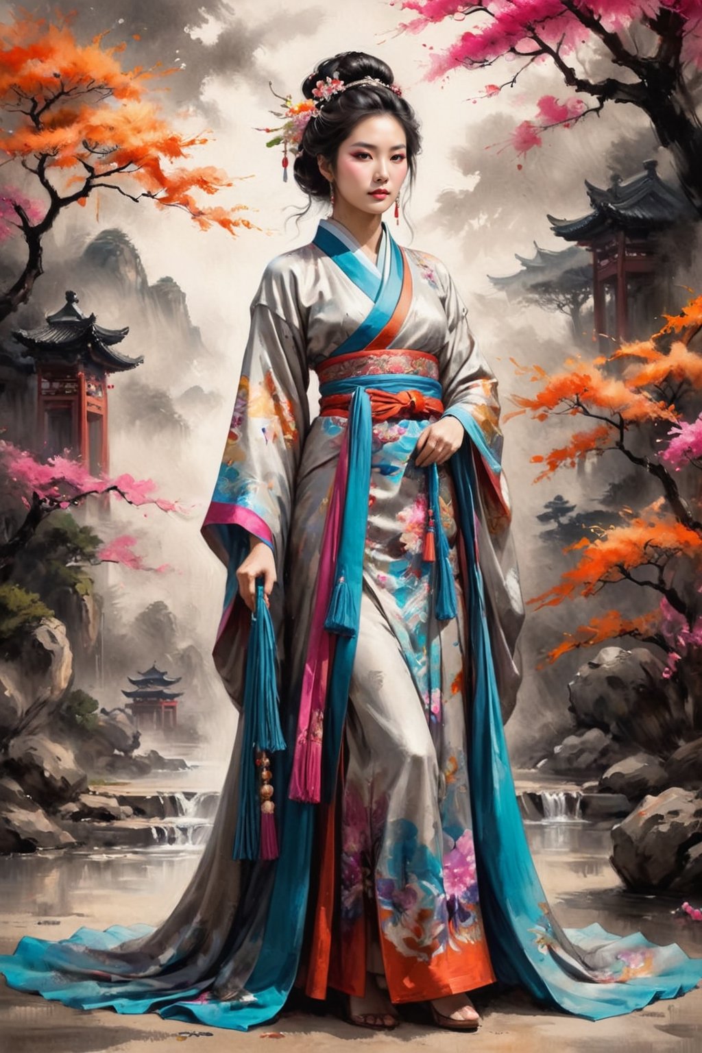 full-body psychedelic picture .Generate hyper realistic image featuring an ink wash painting of a beautiful goddess dressed in glamour hanfu, surrounded by traditional brushstroke elements, creating an evocative piece reminiscent of classical Asian art, Movie Poster, sharp focus, intense colors, vibrant colors, chromatic aberration, UHD, 8K