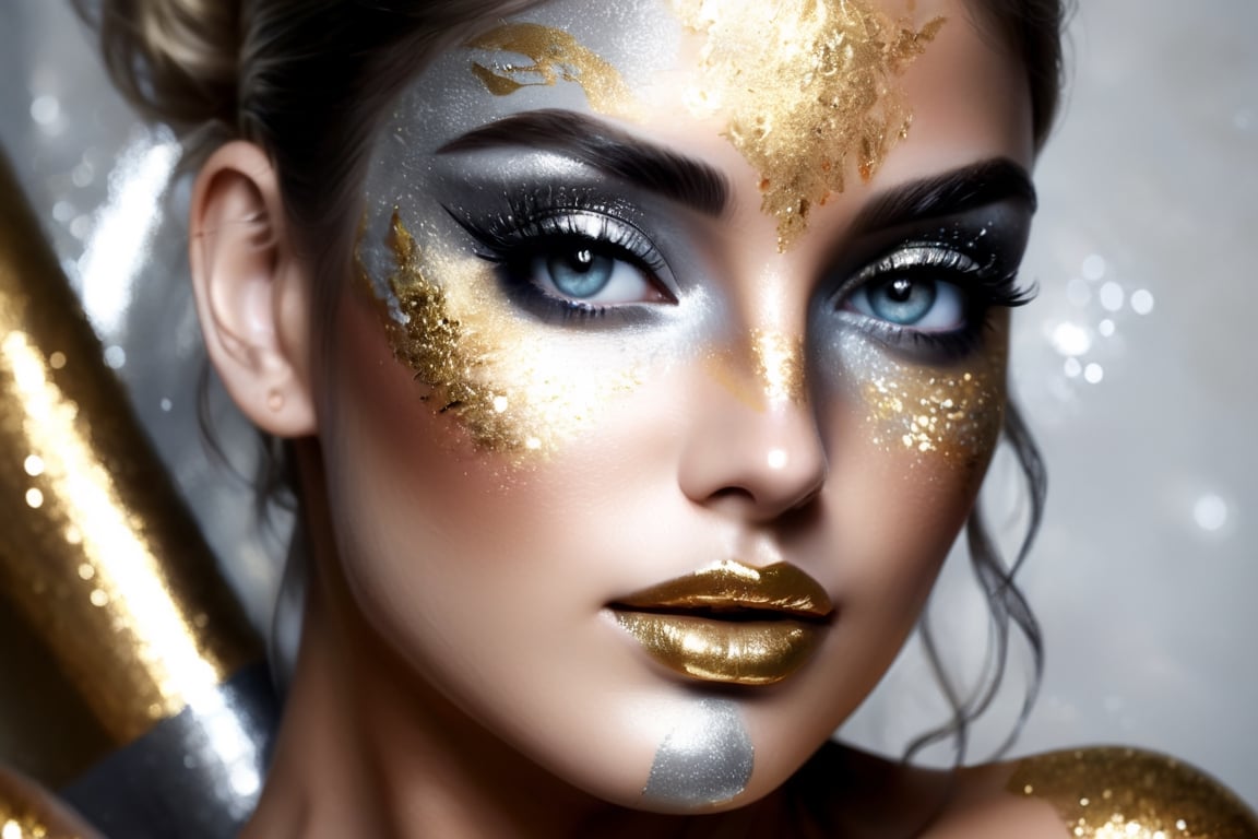 silver and gold, abstract nude beauty, realistic beautiful woman, painted face and body, metalic glitter, face and upper body portrait,DonML1quidG0ldXL ,more detail XL,(PnMakeEnh)