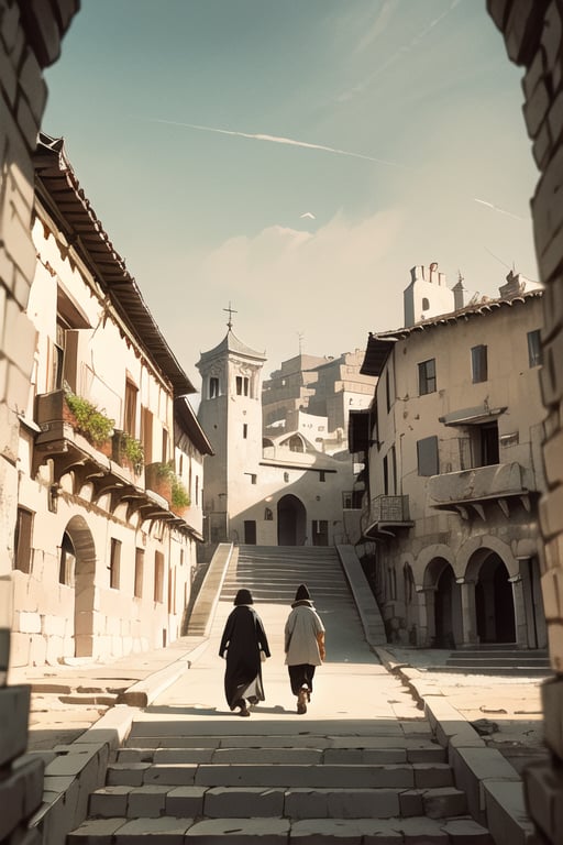 three ancient villages in the center, multiple Israelites walking around in the background, day, peaceful mood, cinematic, dramatic, framing, composition, golden ratio