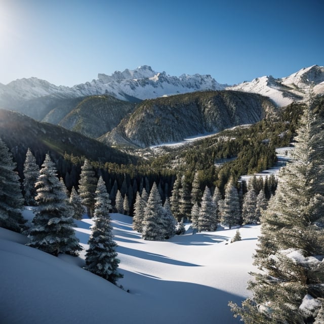 landscape of a mountain valley, ((pines at the foot of the mountains)), ((snow on the peak of the mountains)), cinematic, 8k, detailed, realistic, octane render, (((intricate details)), hdr, ((intricate details, hyperdetailed)), photorealistic, ultrarealistic, realistic shadows, realistic lighting