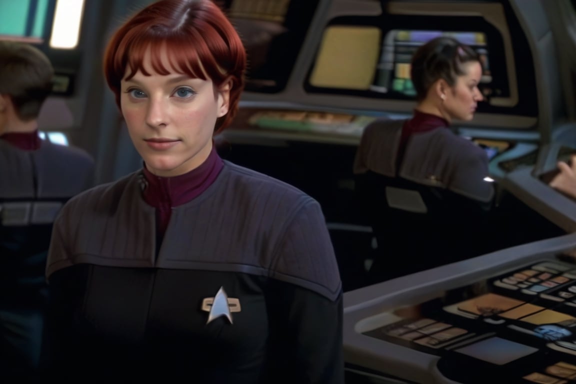  ds9st uniform, Young femal officers, on the bridge of the enterprise 1701-d, crew in background ,photorealistic, many crew members