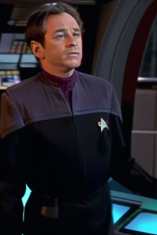  ds9st uniform, Young officer, on the bridge of the enterprise 1701-d, crew in background ,photorealistic