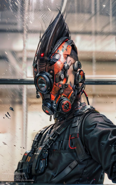 cyborg man, 35 year old man, up close photograph of a man, worn a gas mask, beard, mechanical parts, black shirt, unbottoned, detail face, showing eye, muscle shap, black latex, gun in hand, natural hands, perfect hands, red eyes, black hair, lab background, smoke, cyberpunk tech, 8k, uhd, colorful,perfecteyes, DSLR, ISO 800, shutter speed 1/ 200, focal length 50mm, shallow depth of field,cyberhelmet