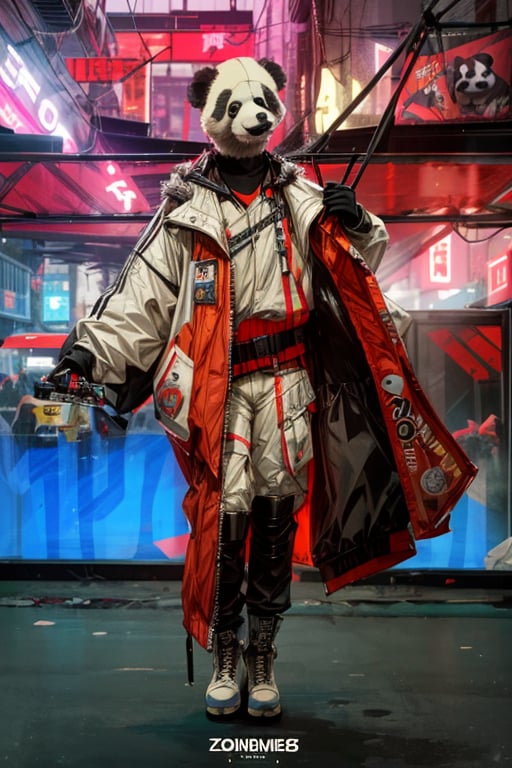 isometric view of a chibi cute hyperrealistic futuristic soldier panda wearing cyberpunk jacket. Cinematic, hyper detailed, black neon background , highly detailed, zoomed out,one picture, animal

