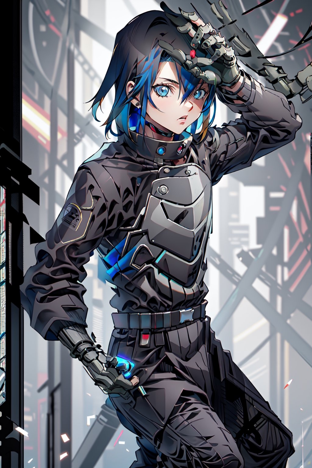 android 17, short hair, ((blue hair:1.4)), blue eyes , metal arms, perfect body,retro,1girl,futubot ,kirito_ggo