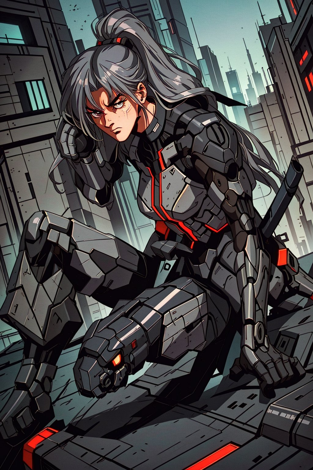 ((90s style)) Create an image of a 1girl  sleek ((GRAY hair)), advanced mechanical joints, designed as a futuristic defender. Show him in a dynamic pose, ready to protect a high-tech cityscape against imminent threats, utilizing his enhanced abilities,90s style,retro,,1990s (style),90s