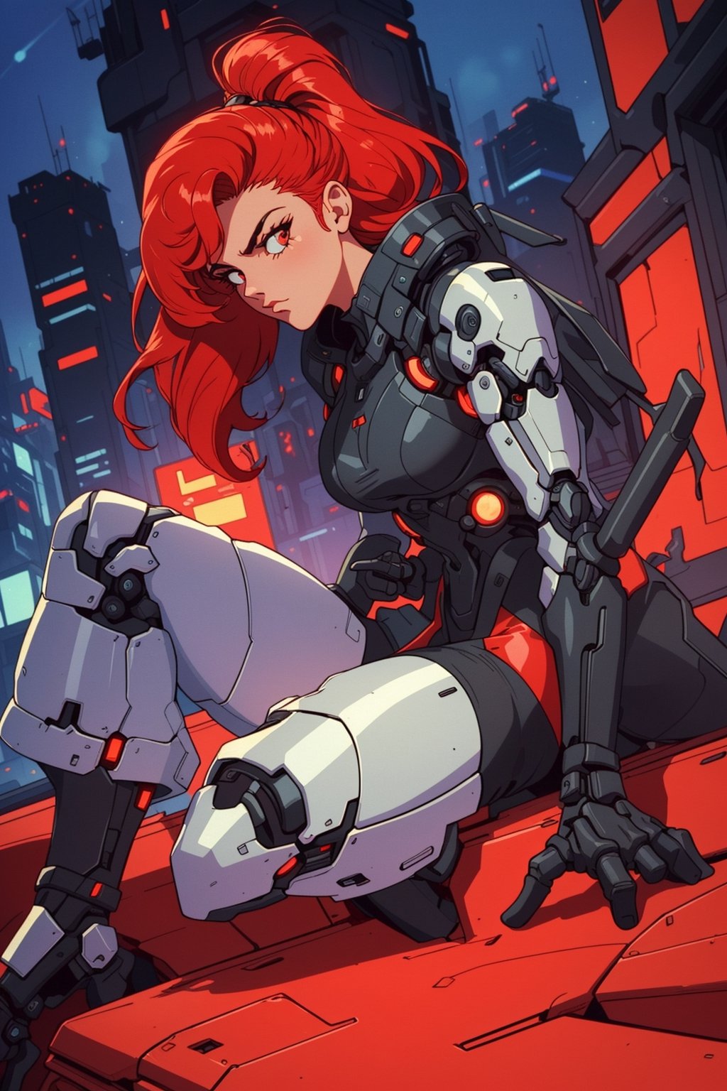((90s style)) Create an image of a 1girl  sleek ((RED hair)), advanced mechanical joints, designed as a futuristic defender. Show him in a dynamic pose, ready to protect a high-tech cityscape against imminent threats, utilizing his enhanced abilities,90s style,retro,,1990s (style),90s