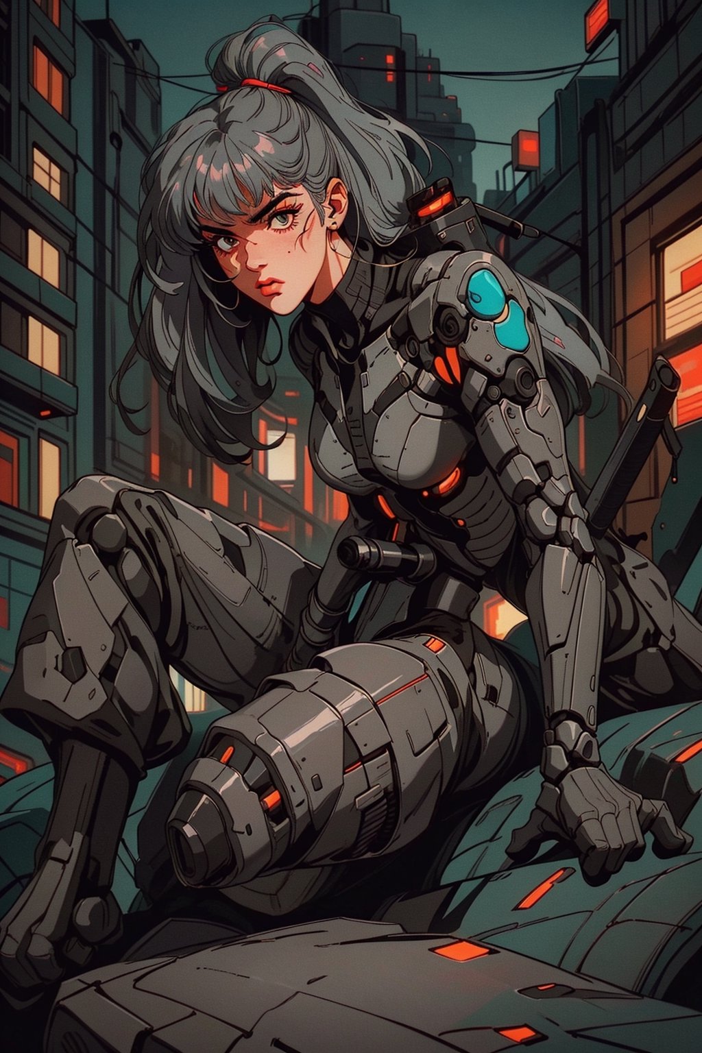 ((90s style)) Create an image of a 1girl  sleek ((GRAY hair)), advanced mechanical joints, designed as a futuristic defender. Show him in a dynamic pose, ready to protect a high-tech cityscape against imminent threats, utilizing his enhanced abilities,90s style,retro,,1990s (style),90s
