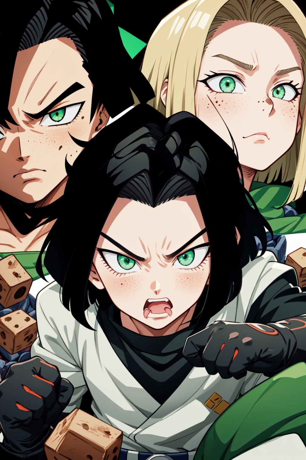 horikoshi kouhei, 1boy, android 17, cuber eyes,boku no hero academia, curly hair, dirty, dirty face, elbow gloves, eyebrows, freckles, furrowed brow, gloves, green eyes, green hair, looking at viewer, mask, mouth mask, official art, pale skin, serious, short hair ,android17