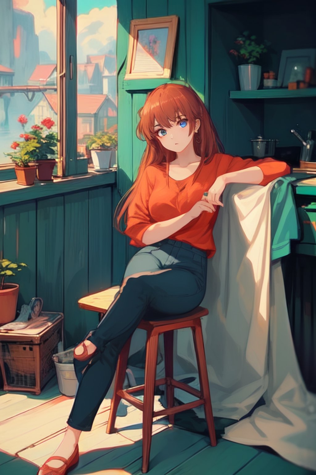 anime girl in orange top shirt , red hair, long shag hair style, and blue jeans sitting front of windows , laying on windows, anime style, anime, ghibli, by Krenz Cushart, Yoneyama Mai, painting by Mucha, Violet evergarden,pixel art