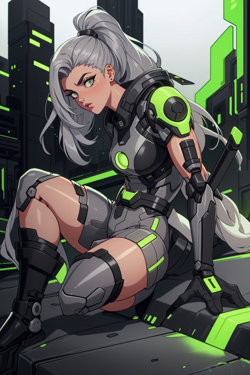 ((90s style)) Create an image of a 1girl  sleek ((GRAY hair)), advanced mechanical joints, designed as a futuristic defender. Show him in a dynamic pose, ready to protect a high-tech cityscape against imminent threats, utilizing his enhanced abilities,90s style,retro,,1990s (style),90s,green theme