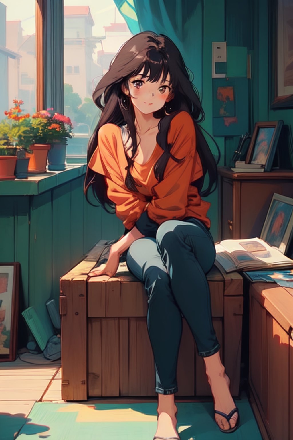 anime girl in orange top shirt , red hair, long shag hair style, and blue jeans sitting front of windows , laying on windows, anime style, anime, ghibli, by Krenz Cushart, Yoneyama Mai, painting by Mucha, Violet evergarden,pixel art