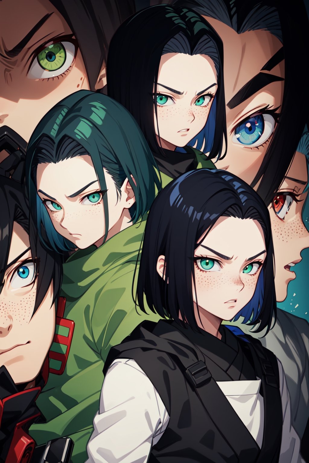horikoshi kouhei, 1boy, , cyber eyes, blue hair,  elbow gloves, eyebrows, freckles, furrowed brow, gloves, green eyes, green hair, looking at viewer, mask, mouth mask, official art, pale skin, serious, short hair ,android17
