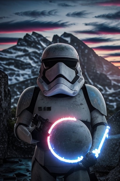 Starwars,  Stormtrooper, full body shot,solo,  Sky,  cloud,  water, no humans,  glowing,  helmet, light saber,full body robot, mecha,  robot,  science fiction,  mountain,  motion blur, fog,,,photorealistic,,<lora:659111690174031528:1.0>