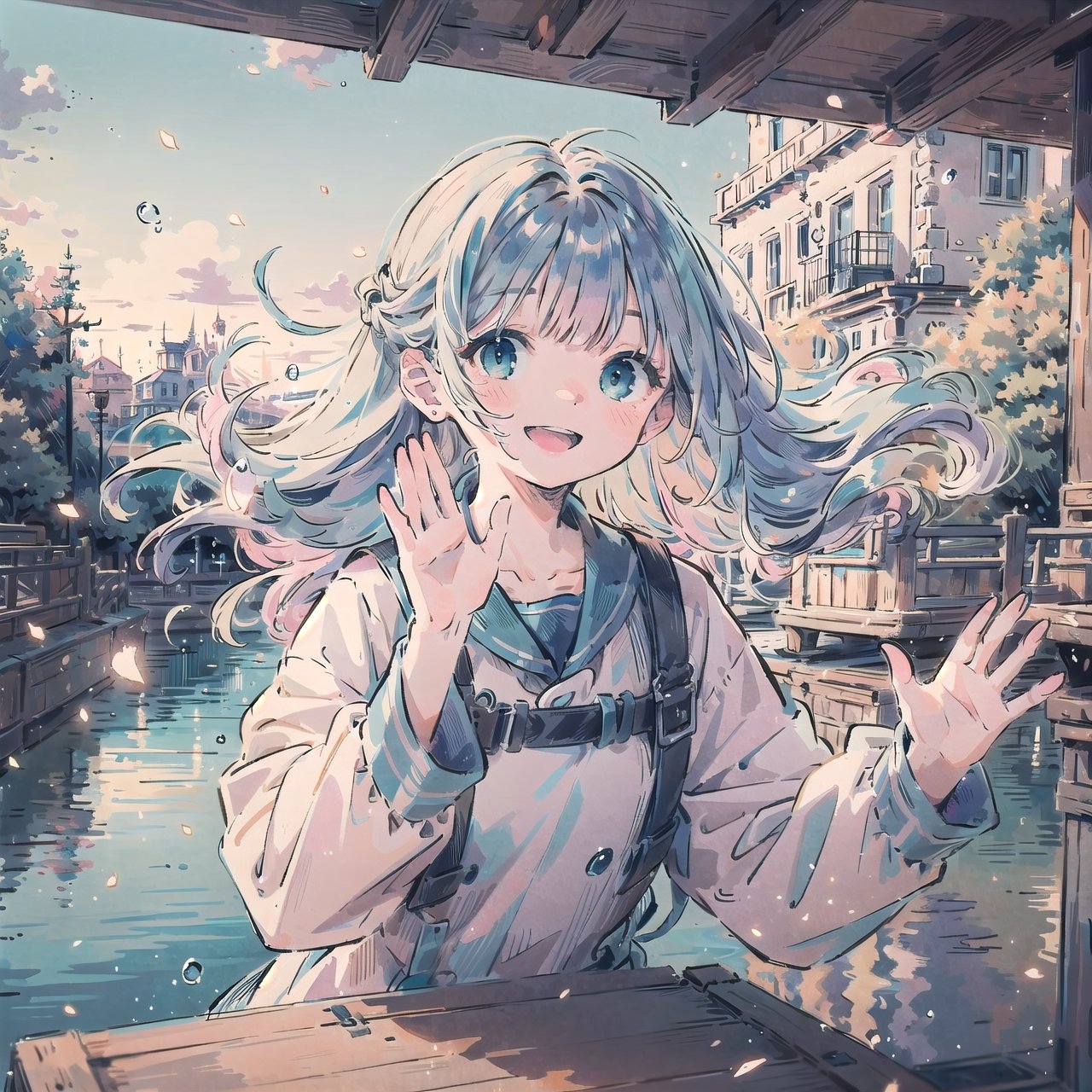 (masterpiece), scenery, upper body, 1girl, wavy hair, floating hair, smile, sitting, open mouth, light particles, blue hair, aqua eyes, looking at viewer, face focus, waving, 5 fingers 